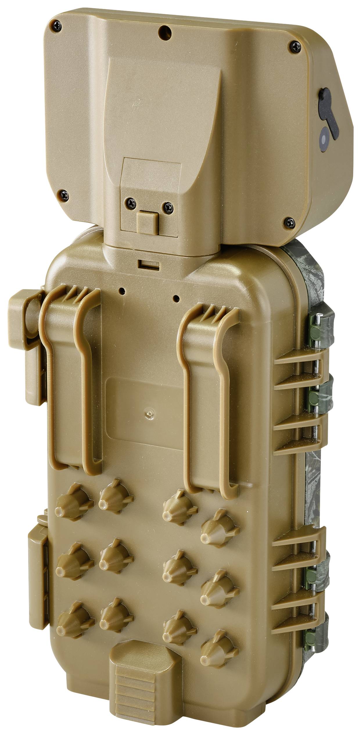 A brown, rectangular electronic device with multiple buttons and an integrated mounting bracket, potentially for attachment.