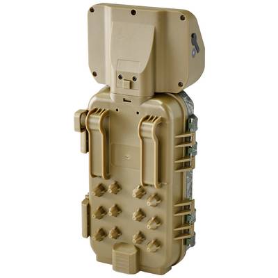 A brown, rectangular electronic device with multiple buttons and an integrated mounting bracket, potentially for attachment.