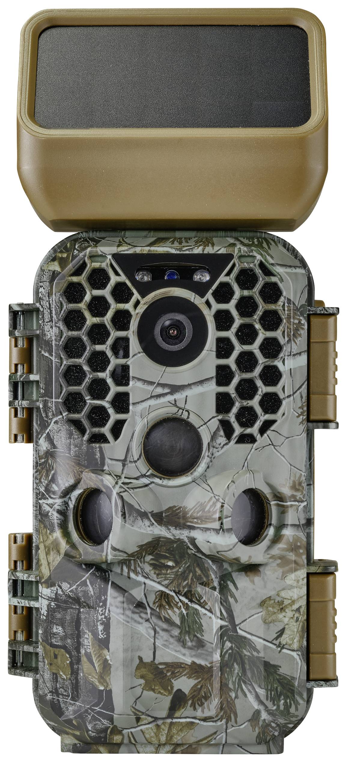 Wildlife camera with camouflage pattern, large motion sensor and flash, suitable for nature observation and outdoor surveillance.