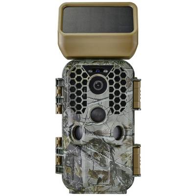 Wildlife camera with camouflage pattern, large motion sensor and flash, suitable for nature observation and outdoor surveillance.