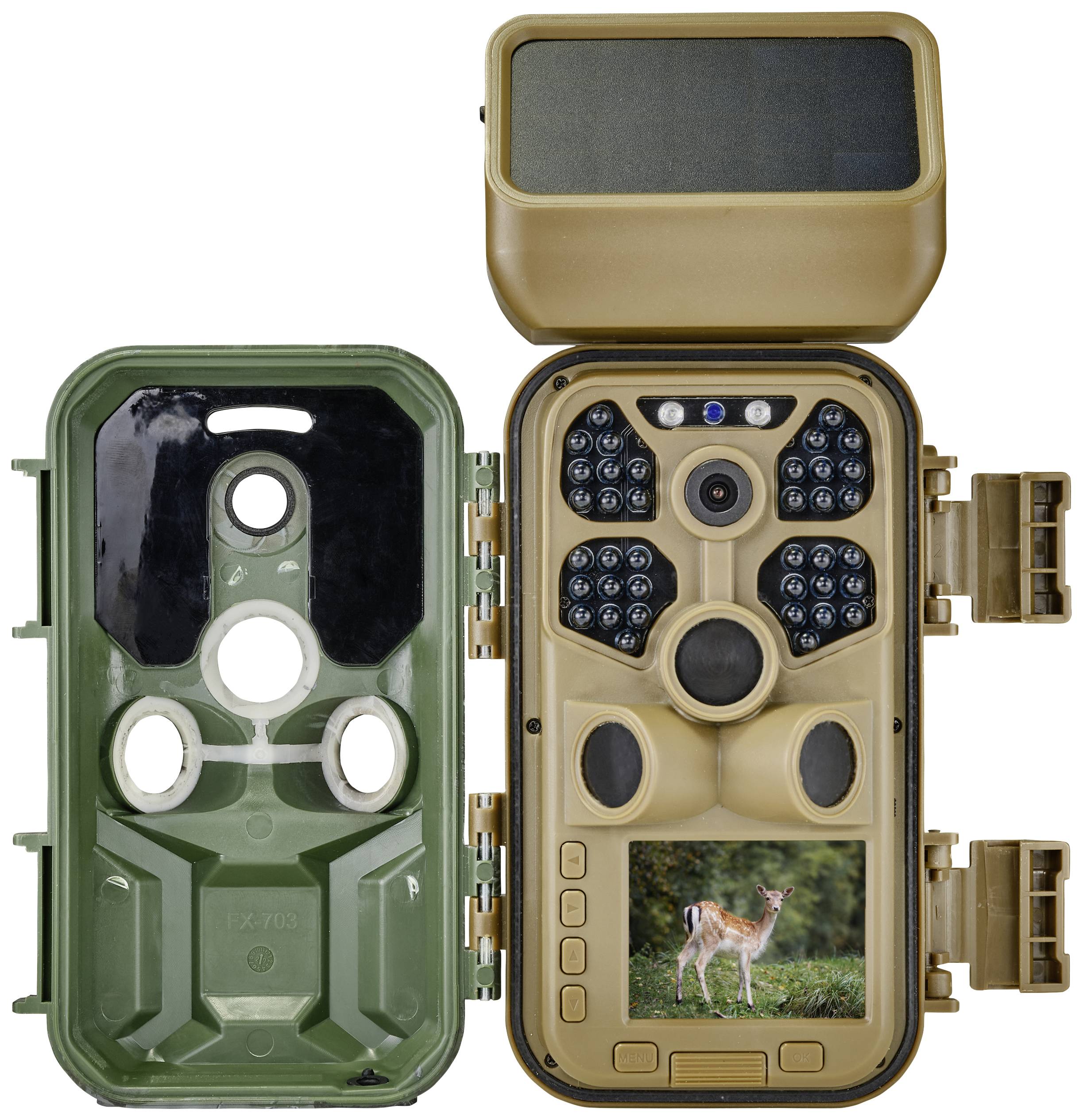 A hunting trail camera in camouflage pattern is open, revealing its interior with sensors and a small screen displaying a deer.