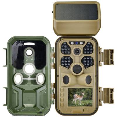 A hunting trail camera in camouflage pattern is open, revealing its interior with sensors and a small screen displaying a deer.