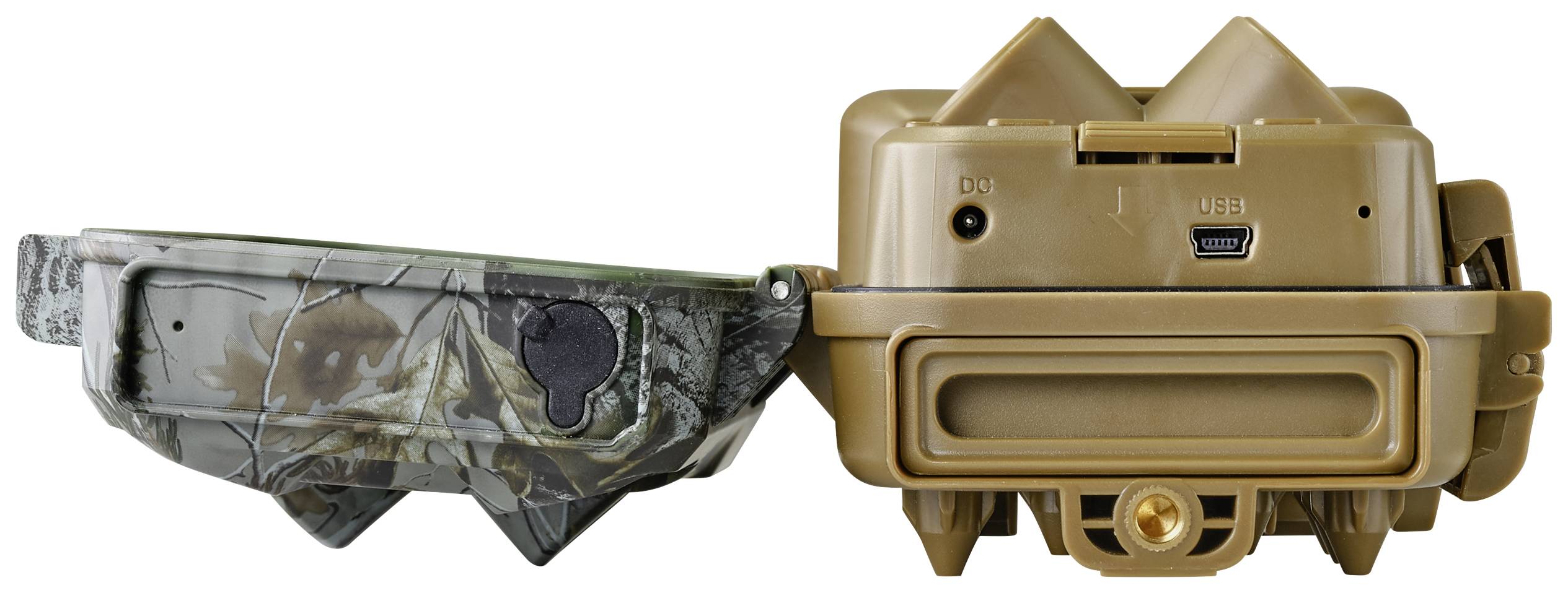 'Two wildlife cameras side by side, one in camouflage, the other in brown, with visible USB ports and mountings.'