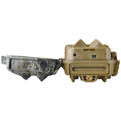 'Two wildlife cameras side by side, one in camouflage, the other in brown, with visible USB ports and mountings.'