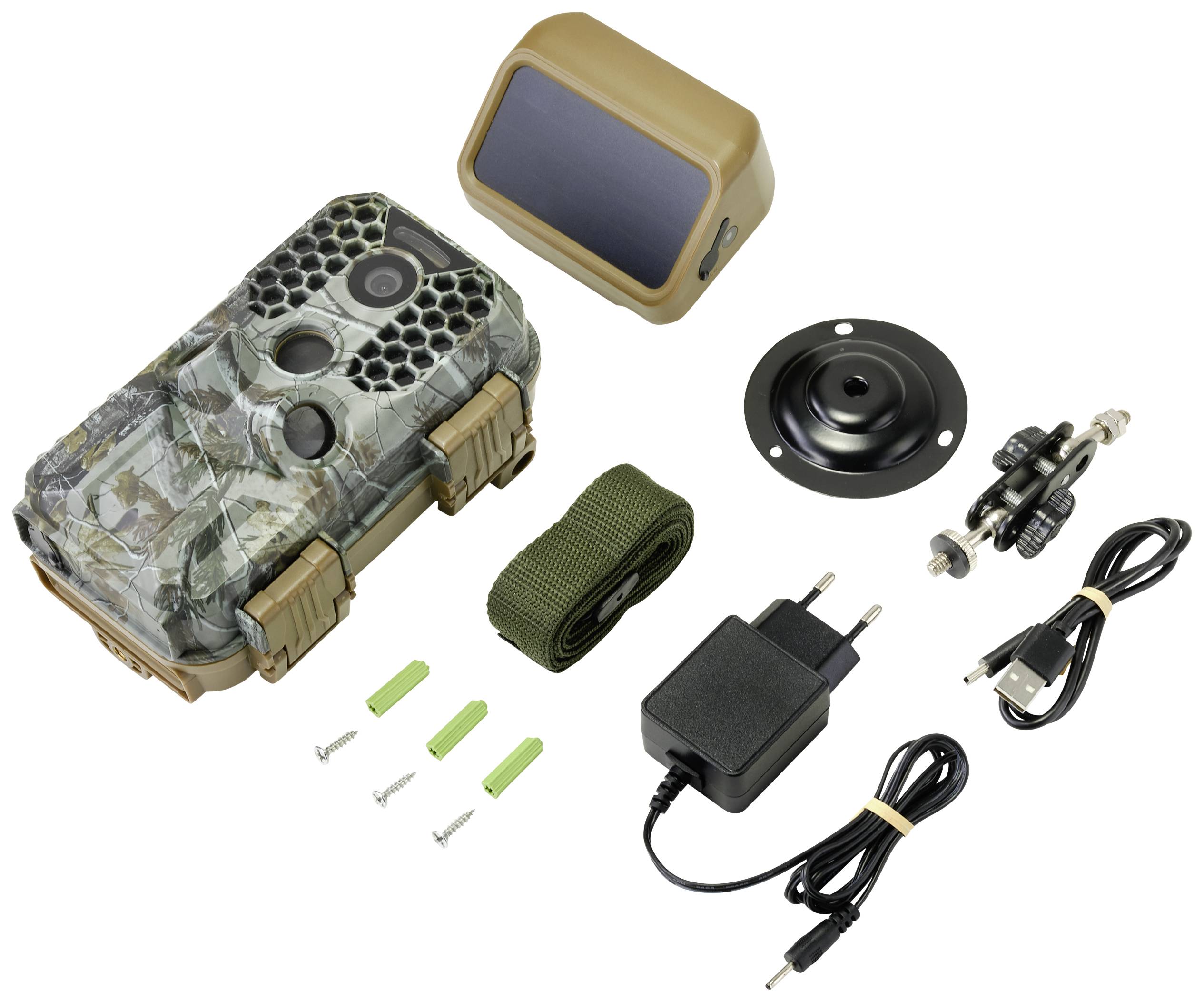 Wildlife Camera Set with camouflage camera, solar panel, mounting bracket, strap, charger and cable. Suitable for outdoor animal observation.