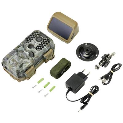 Wildlife Camera Set with camouflage camera, solar panel, mounting bracket, strap, charger and cable. Suitable for outdoor animal observation.