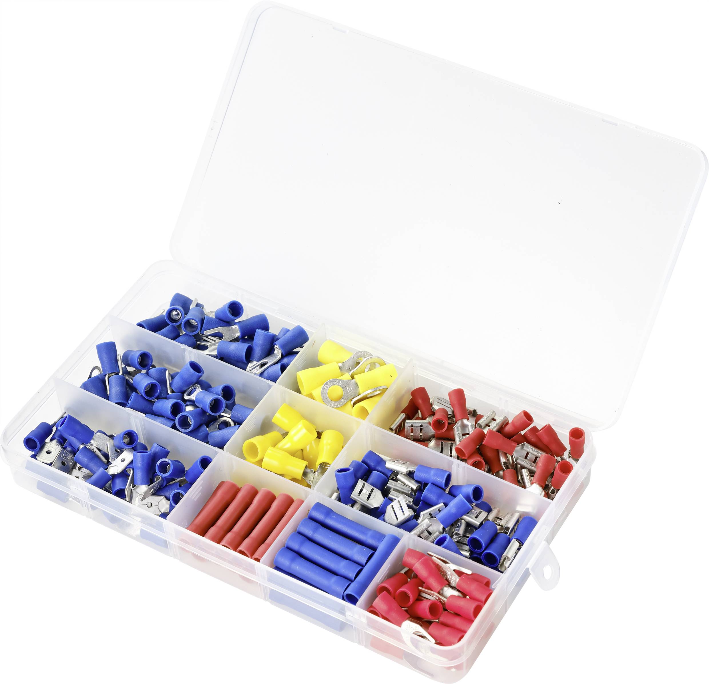 A terminal block assortment box with various electrical connection terminals in blue, yellow, and red; used for wiring and connecting cables.