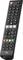 A black remote control with buttons for power, volume, channels, menu, and coloured function keys.