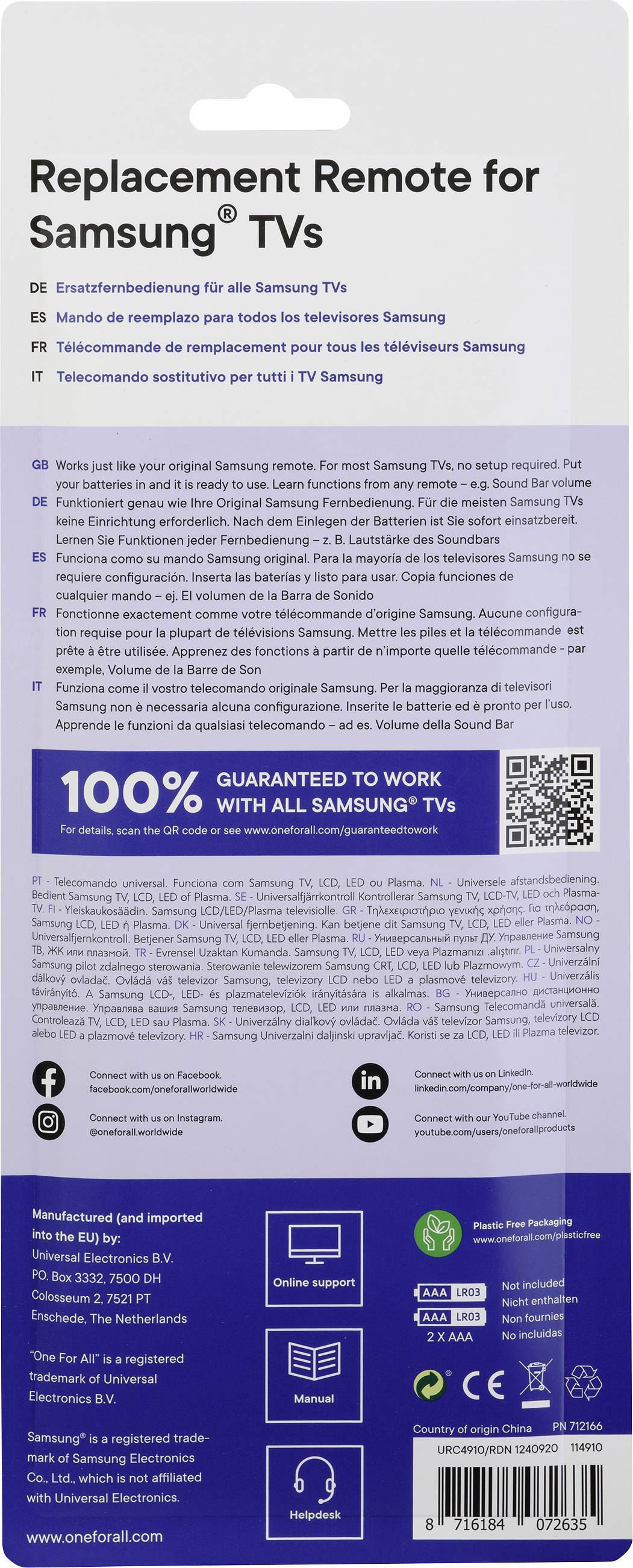 'Universal Remote Control for Samsung TVs' is written at the top. Additional texts in various languages describe compatibility. Technical details and contact information are located at the bottom.