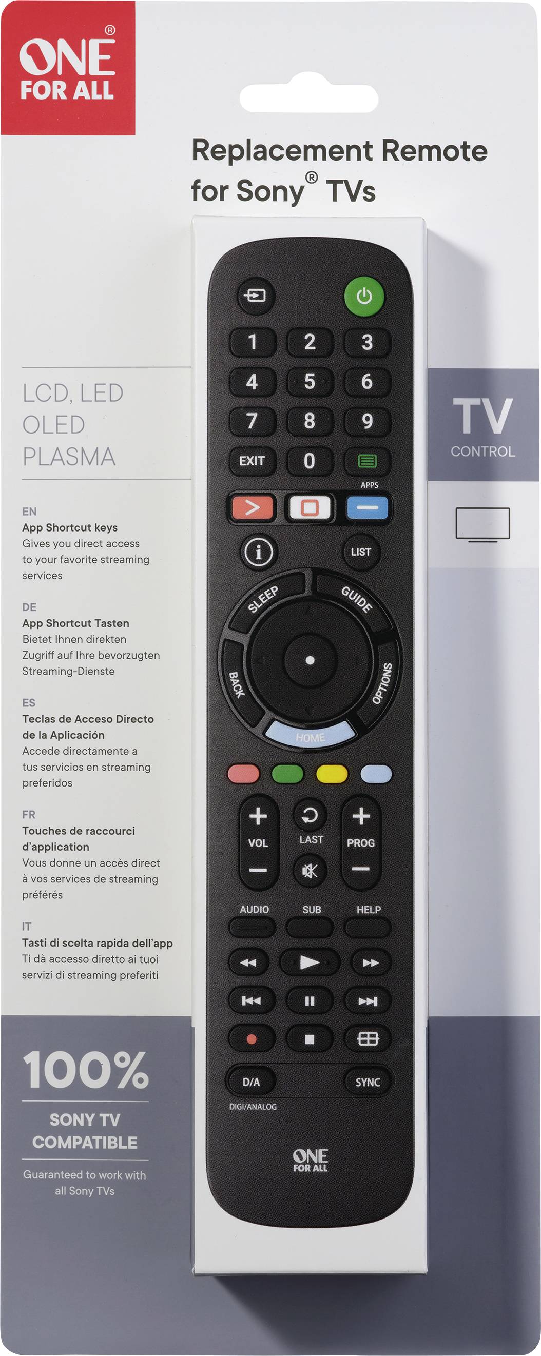 Remote control on cardboard packaging with inscription 'Replacement Remote for Sony® TVs'. For LCD, LED, OLED, Plasma. Brand compatible.