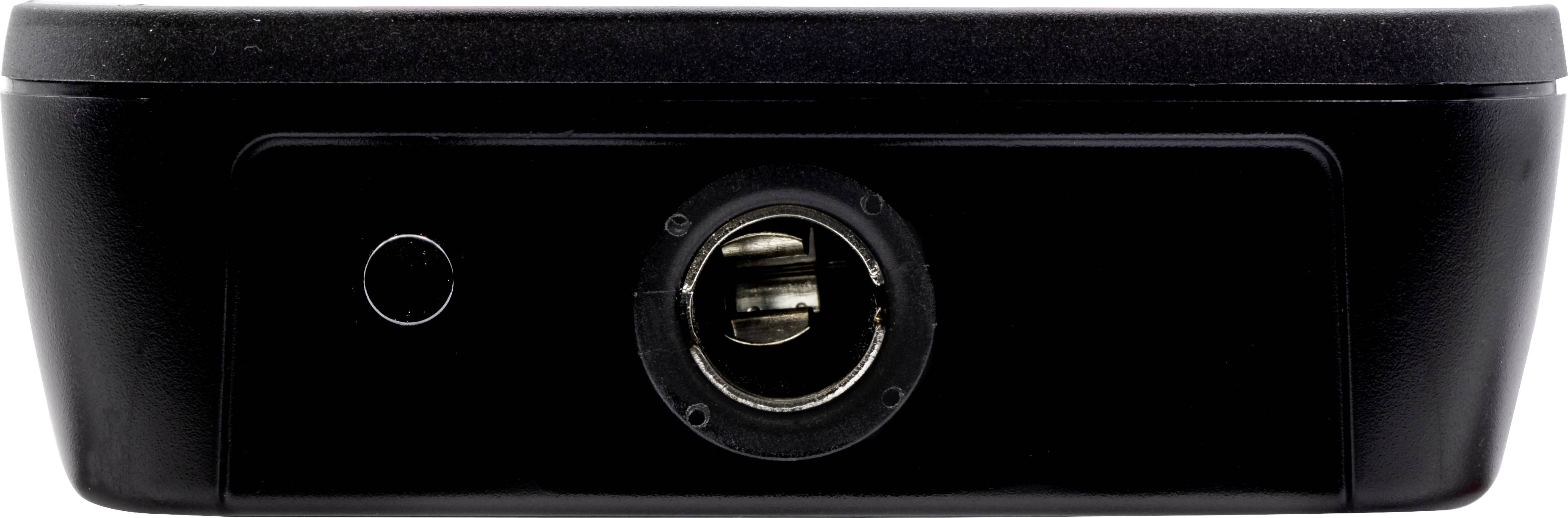 'Black electronic adapter with a connection socket in the centre and a small round LED indicator on the left.'