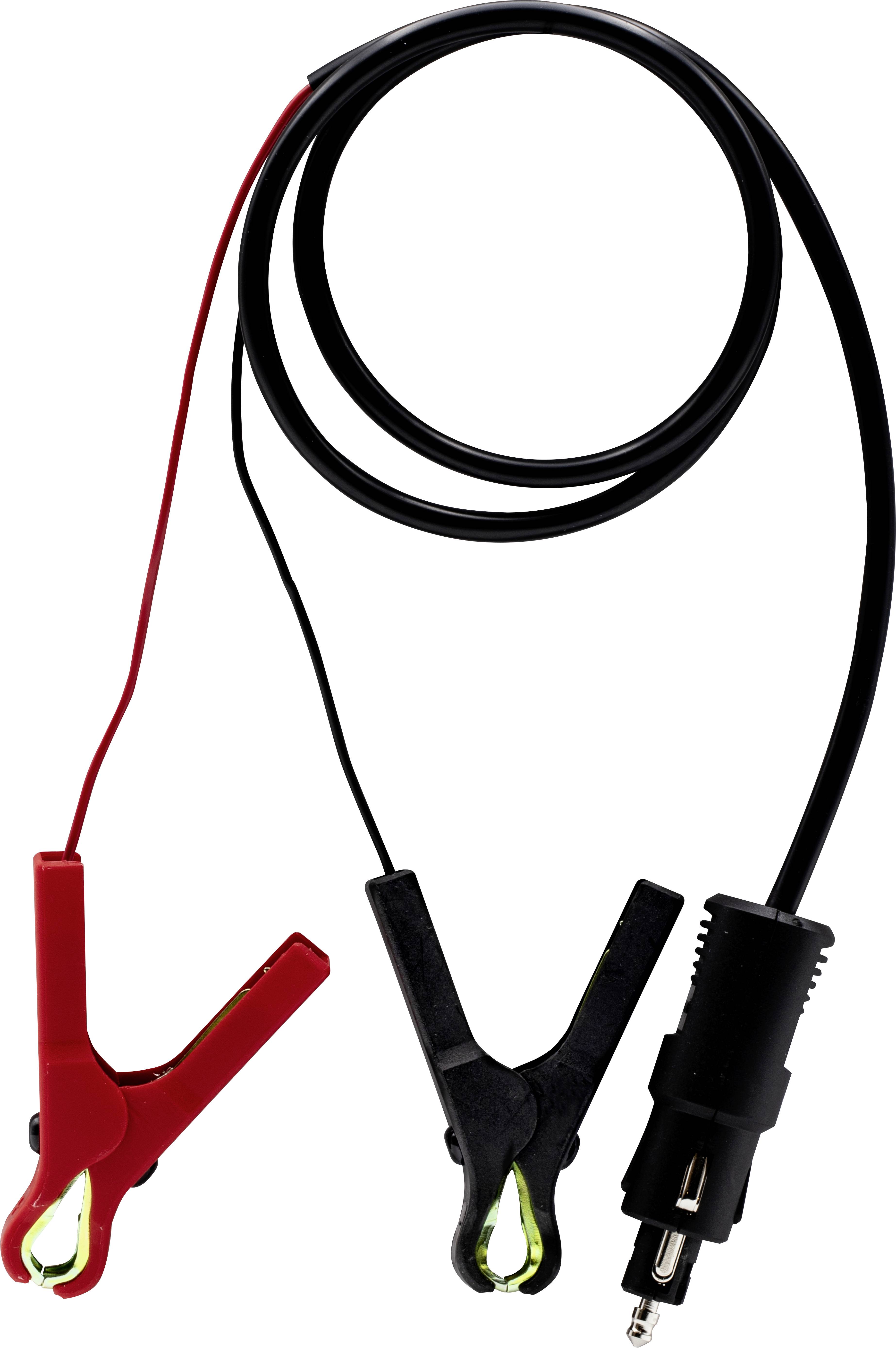 Black cable with red and black crocodile clip connectors and automotive plug. Frequently used for jump-starting car batteries.
