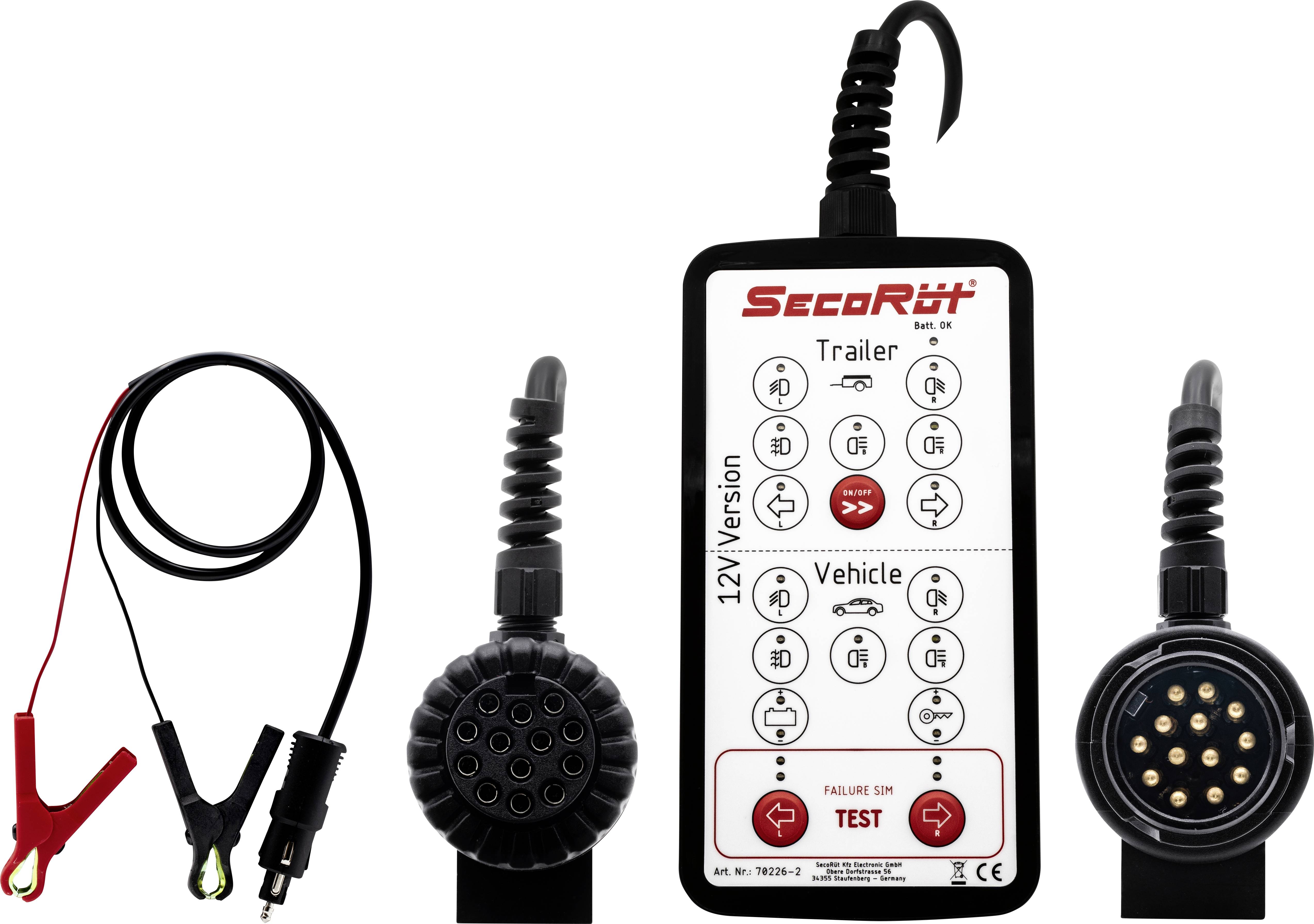 Testing device for trailer electrics with two test cables. Indicates the correct function of electrical connections between vehicle and trailer.