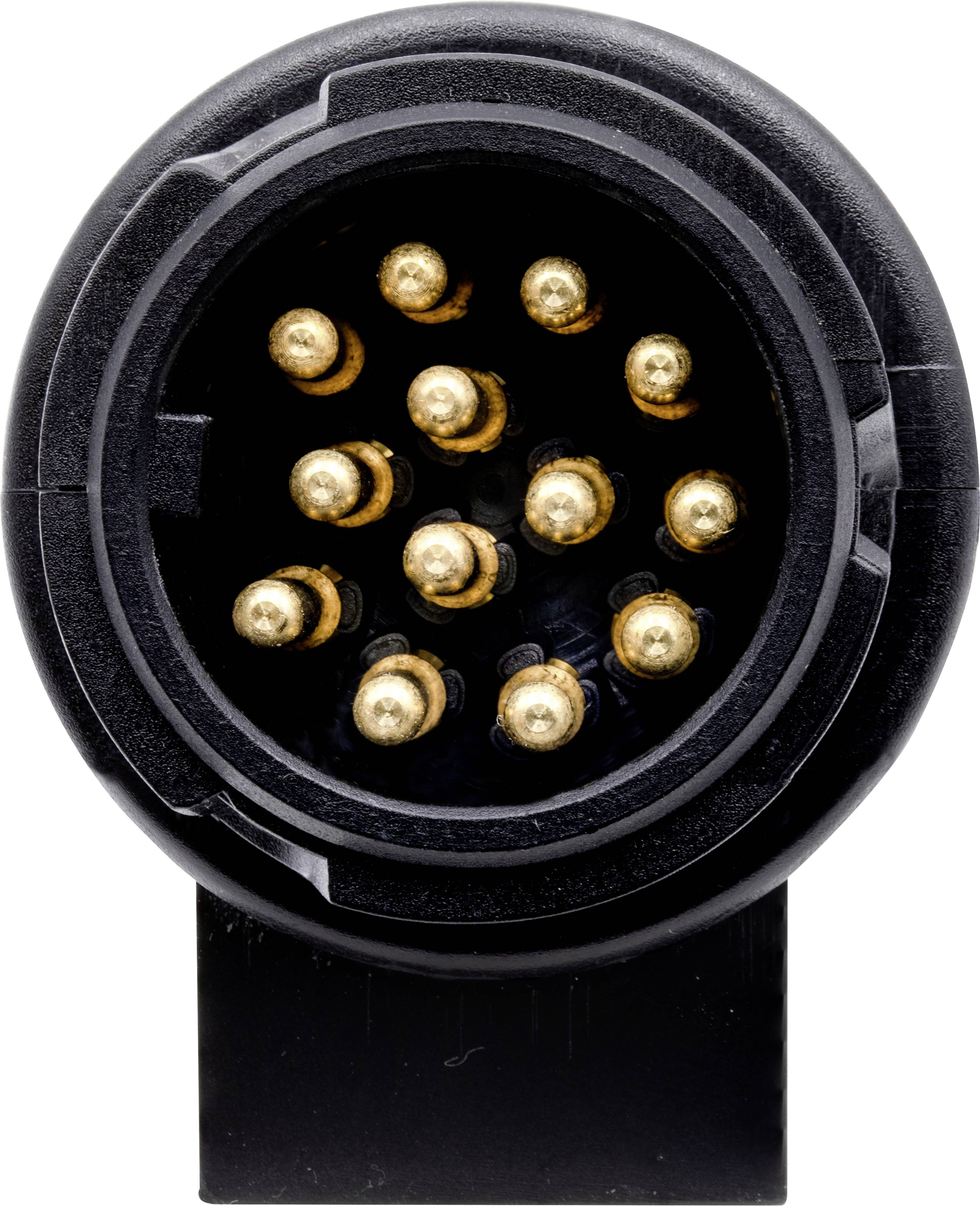 Close-up of a round, black connector with multiple golden contacts, commonly used in electronic devices.
