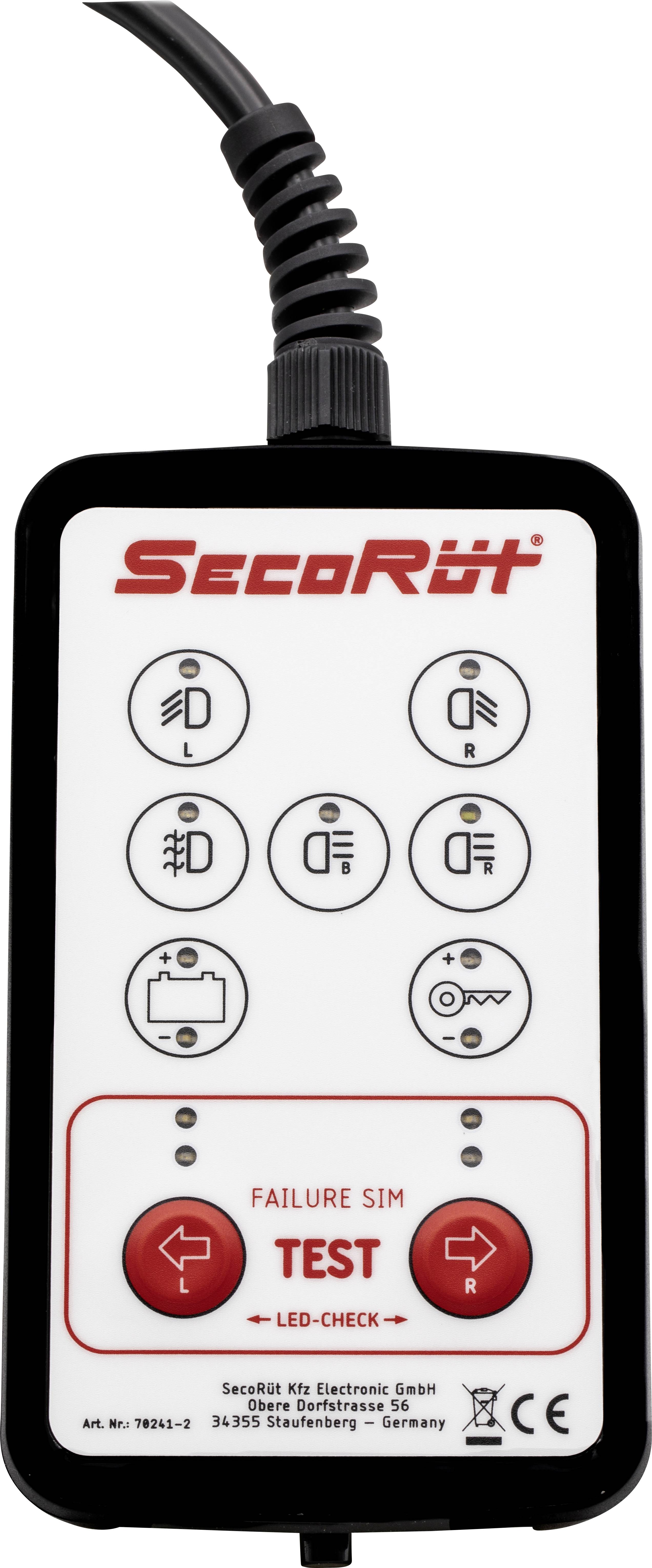 'Handheld device with logo, test button and functional symbols for lighting diagnosis.'