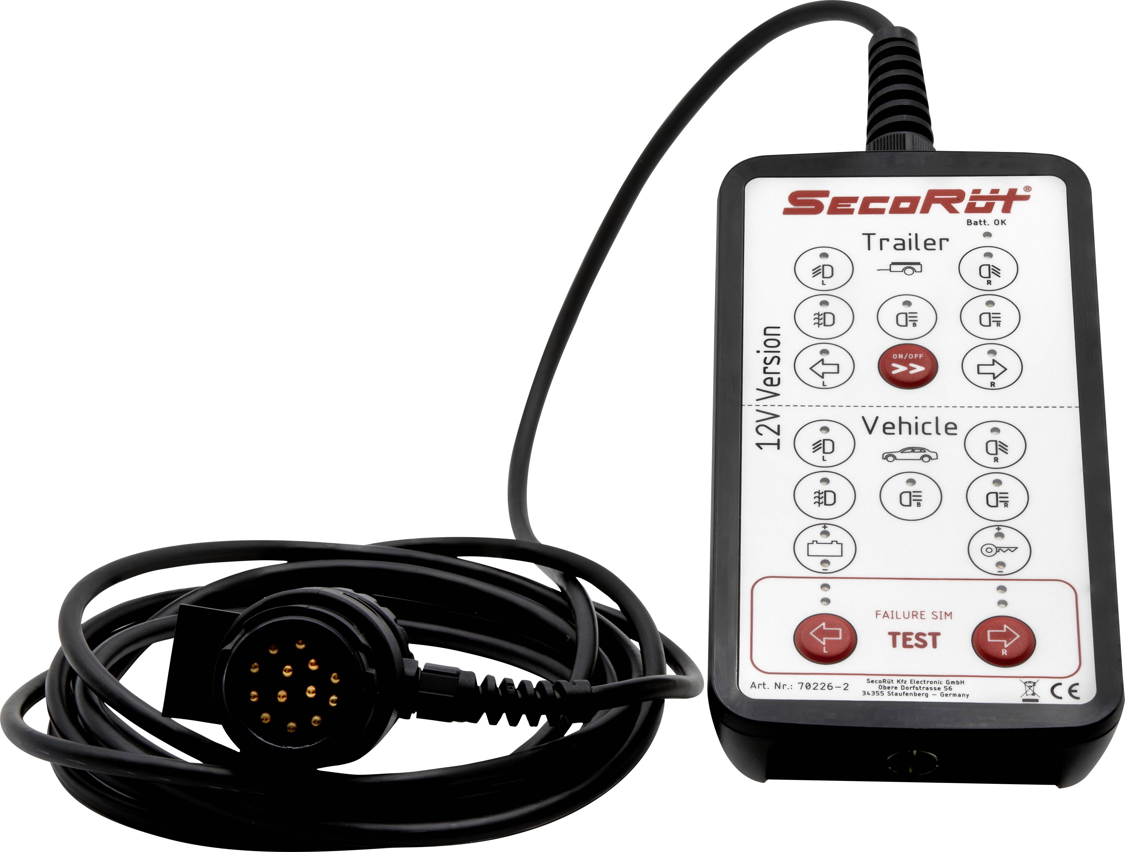'SecoRüt 12V Side Panel Tester' with cable and plug connection. Used for checking trailer and vehicle lighting systems.