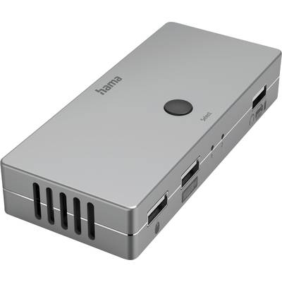 A silver, rectangular device with multiple ports, including USB and HDMI connections, and a large button on the top surface.