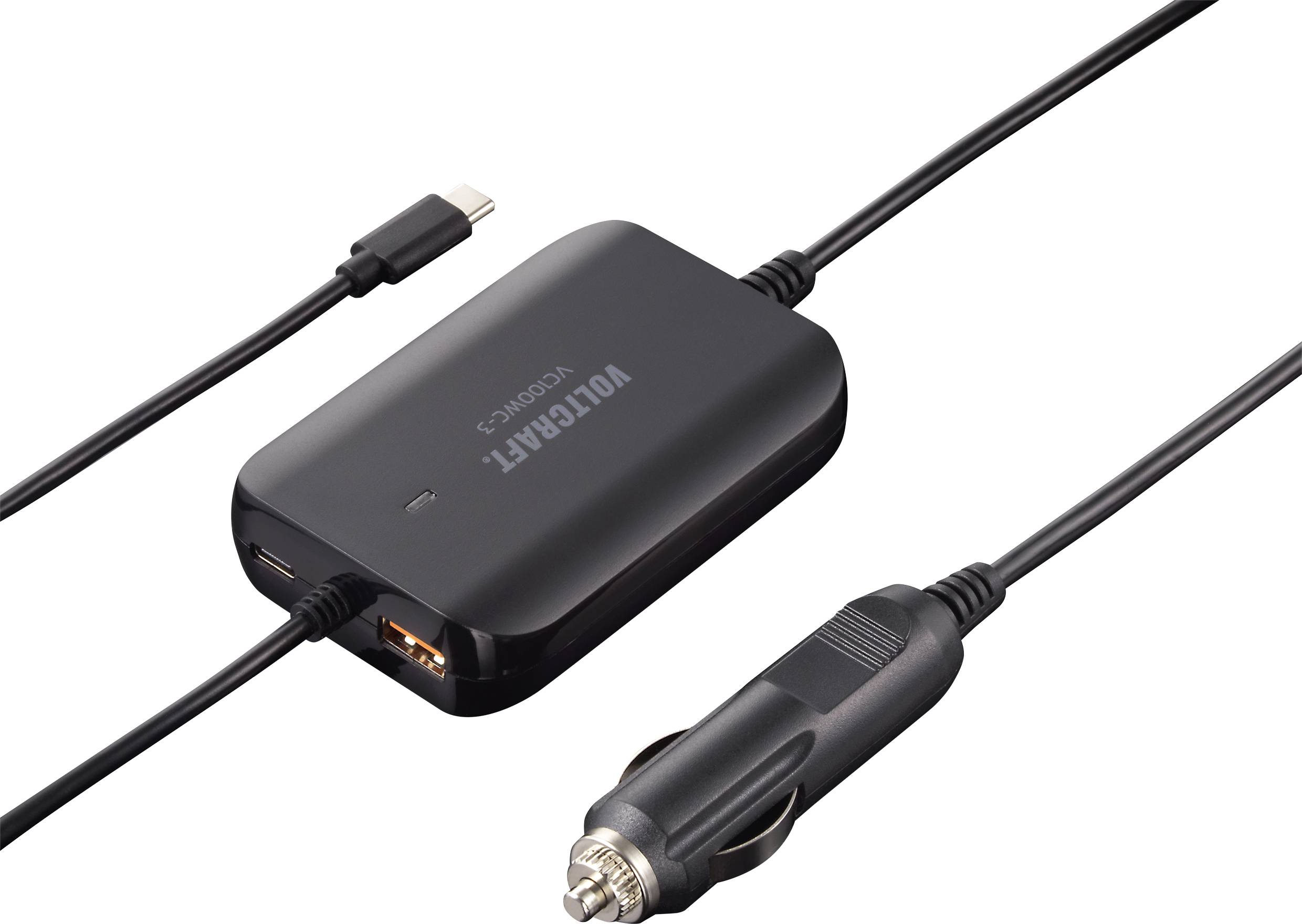 Black car charger with USB and USB-C ports and cigarette lighter adapter, suitable for charging electronic devices.
