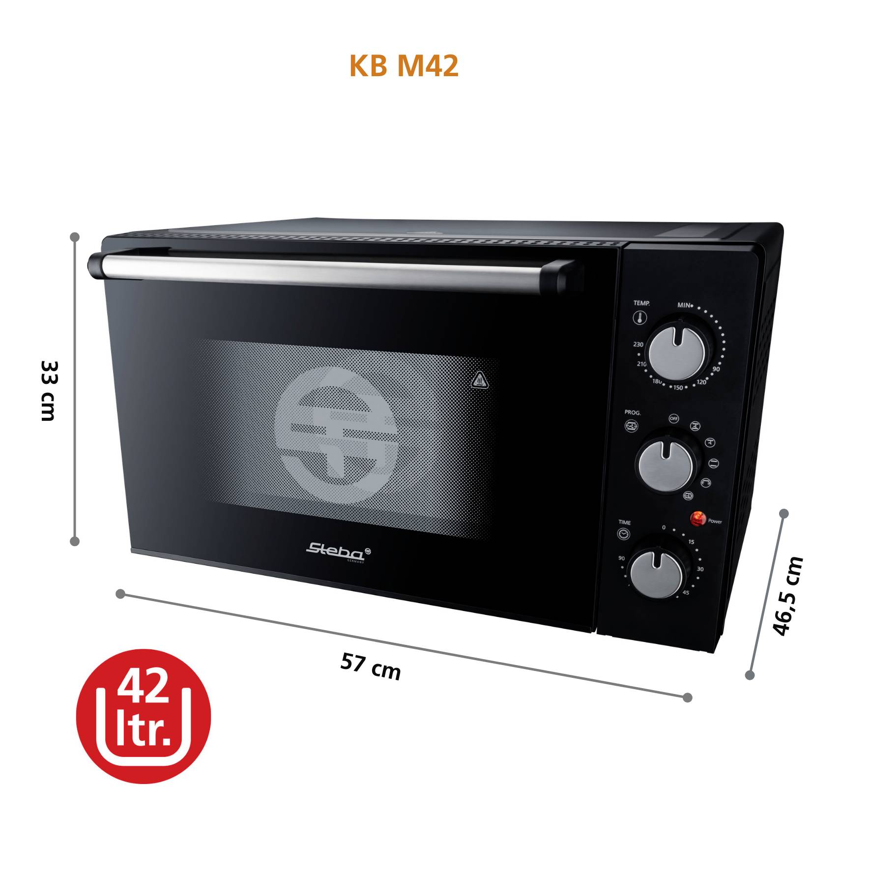 Black mini oven 'KB M42' with three rotary knobs and silver handle; 57 cm wide, 33 cm high, 42 litre capacity.