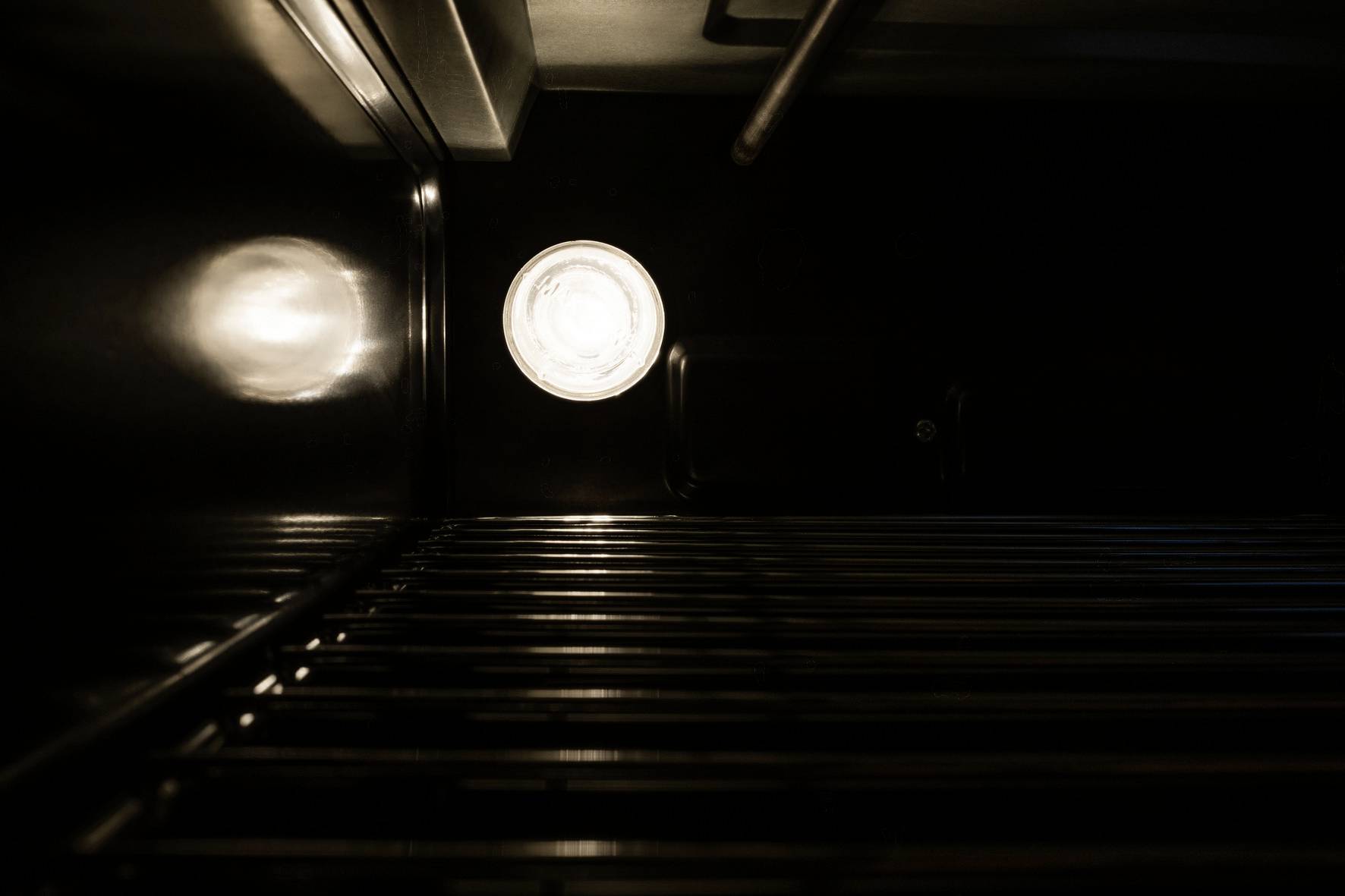 An oven interior with lighting, empty metal racks and a reflective surface.