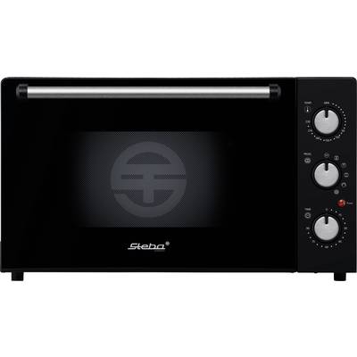 A black mini oven with three rotary knobs for temperature, function, and timer on the right-hand side. Brand 'Steba'.
