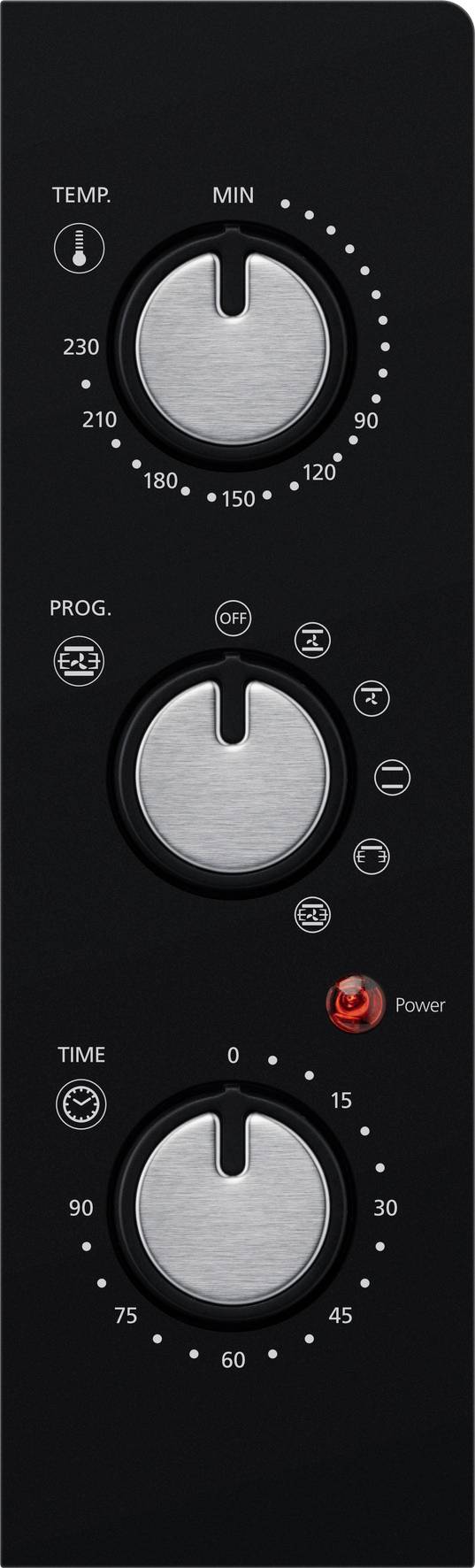 A black control panel with three silver rotary knobs for temperature, programme, and time control; red operational indicator.