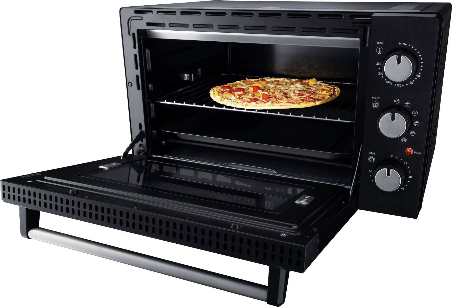 Black mini countertop oven with an open door, showing a pizza on the wire rack. Control knobs visible on the side.