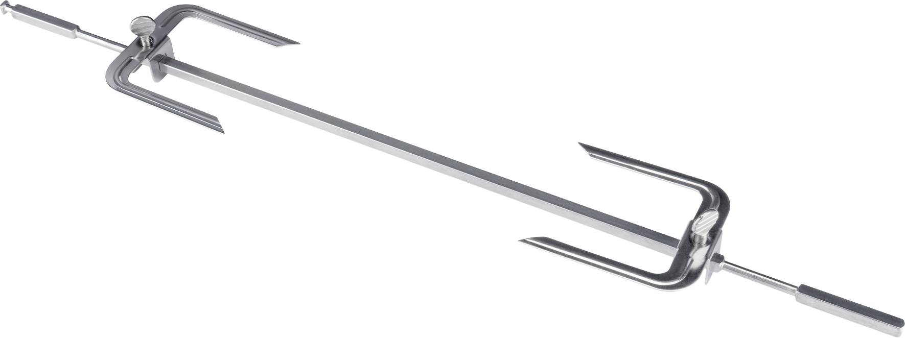 A rotatable metal spit with adjustable forks, often used for barbecue equipment.