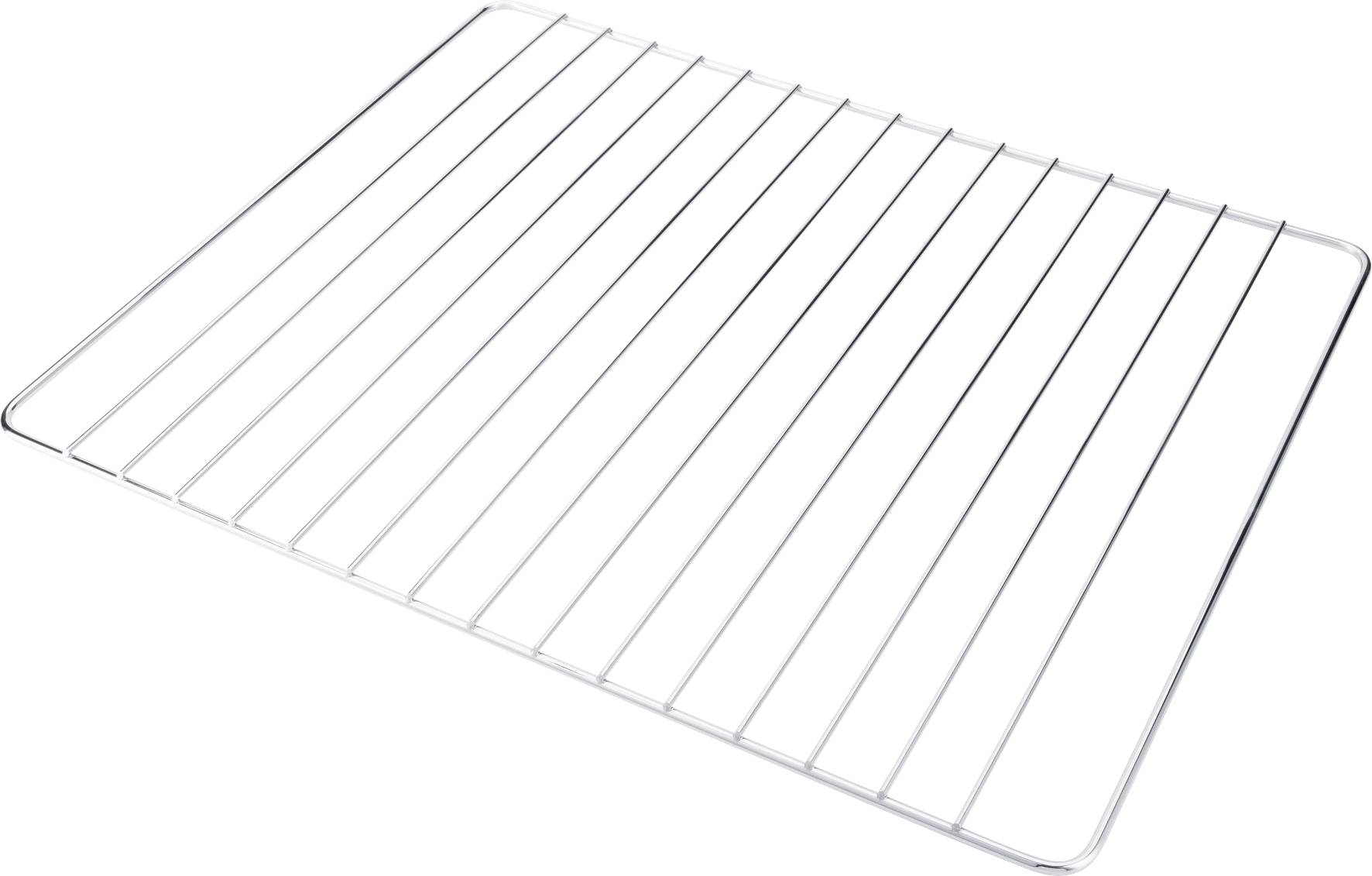 A silver oven rack lying flat, with parallel bars, on a white background. Suitable for baking or cooling food.