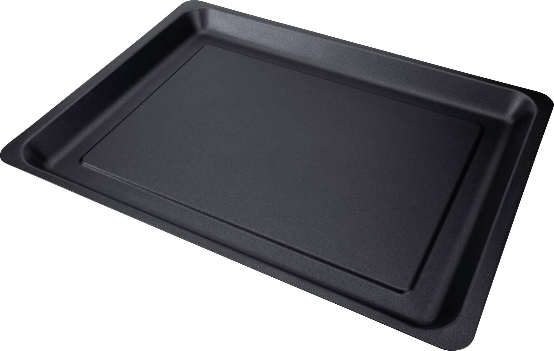 Black baking tray with raised edges, rectangular shape, suitable for baking or roasting in the oven.