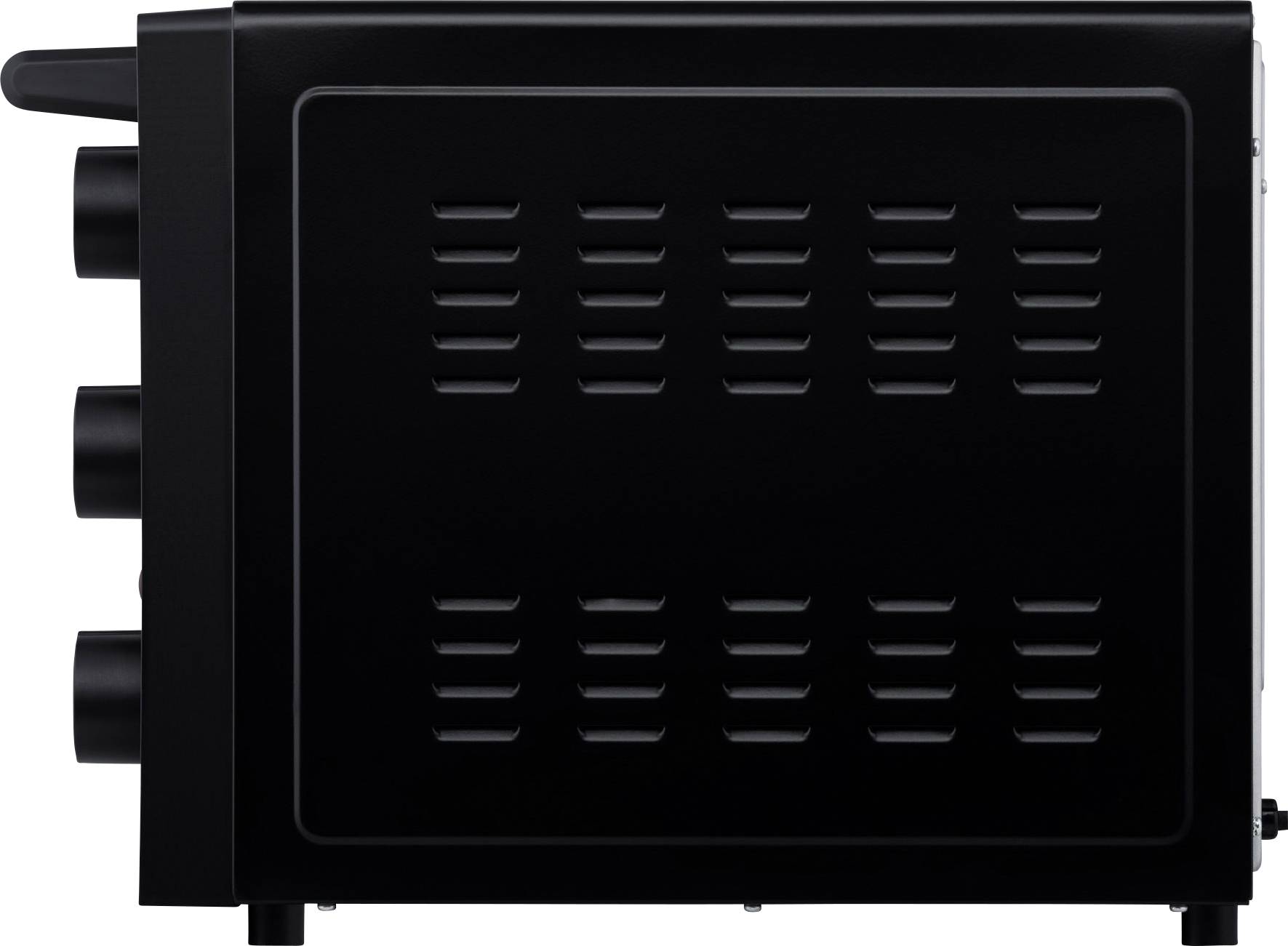 Black, rectangular oven viewed from the side, featuring ventilation slots and three rotary controls on the left side.