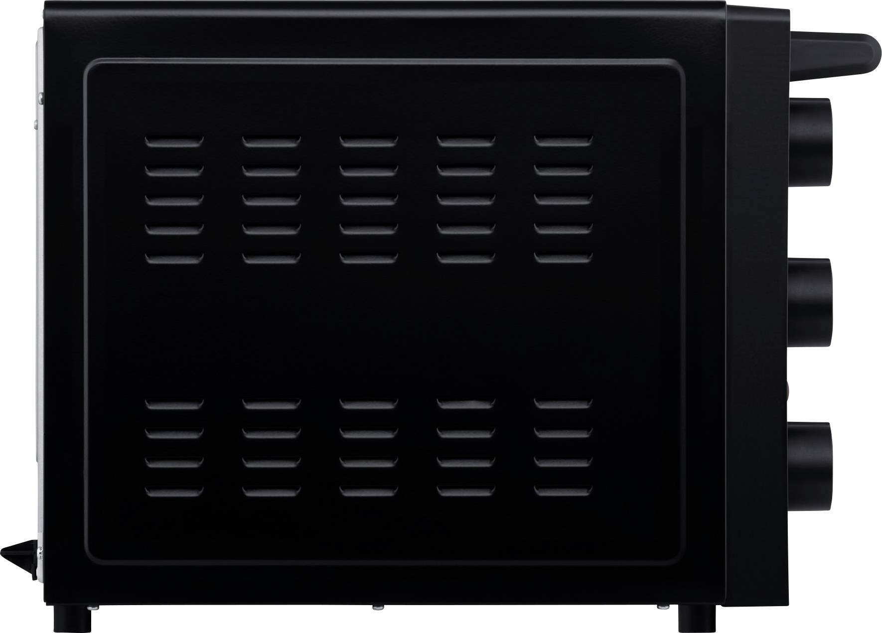 Black toaster oven viewed from the side, featuring ventilation slots and three rotary dials at the front.