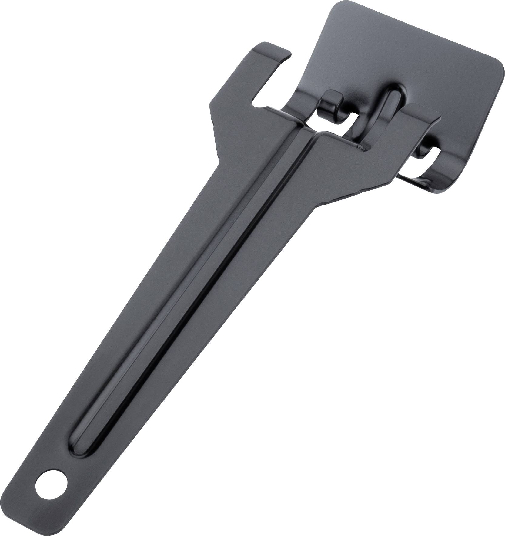 Black, metallic tool with a hook and a broad, flat surface. Used for secure fastening or levering operations.