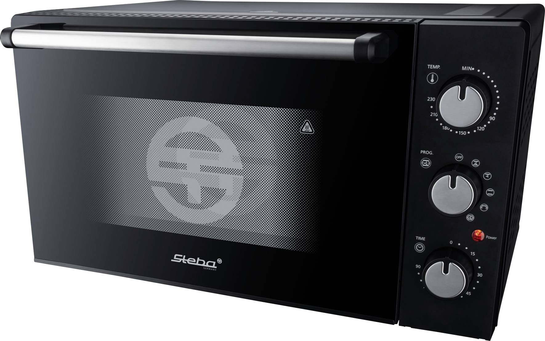 A black tabletop oven with three rotary dials for temperature control, modes, and time setting. Suitable for baking and grilling.