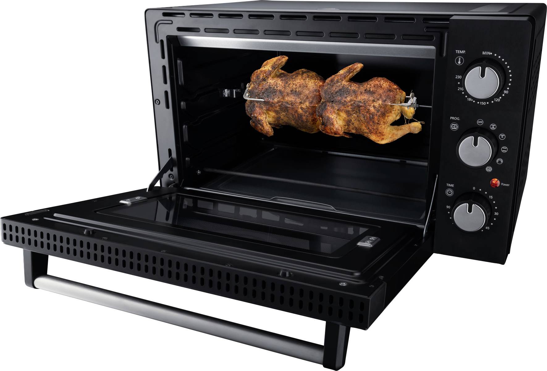 A black oven with an open door contains two rotating chickens on a spit, being roasted to a golden brown. Controls on the right.