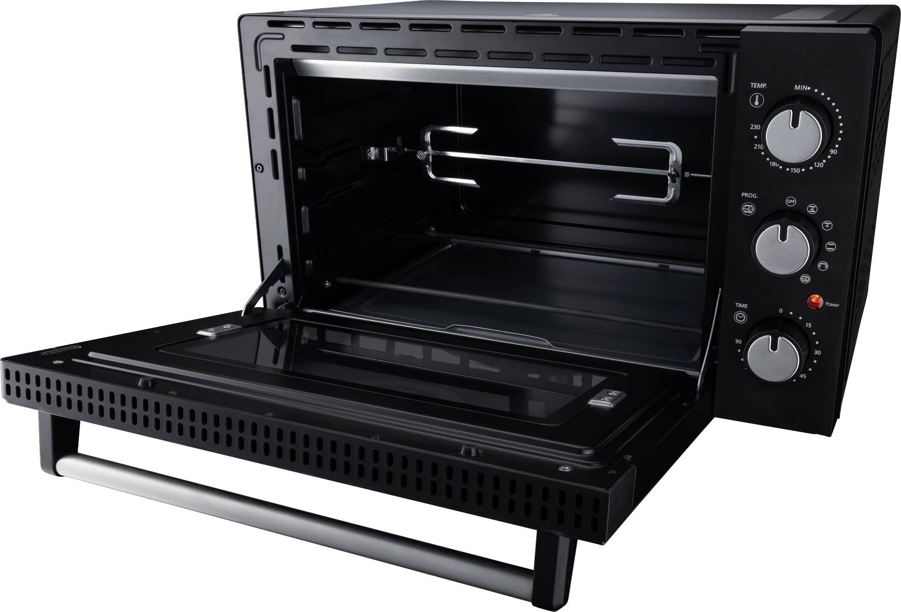Open black oven with rotisserie and three control knobs on the right-hand side, suitable for grilling and baking.
