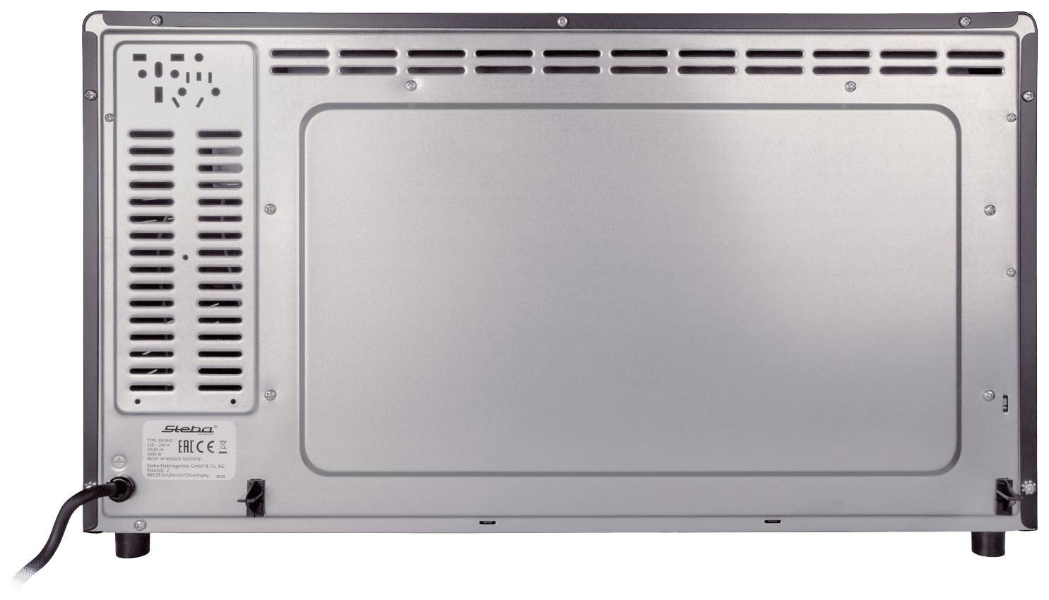 Rear view of a silver electric kitchen appliance with ventilation slots and power cable to the left, against a white background.