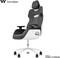 A modern gaming chair with ergonomic design, black and white upholstery, adjustable armrests and castors on a chrome base.