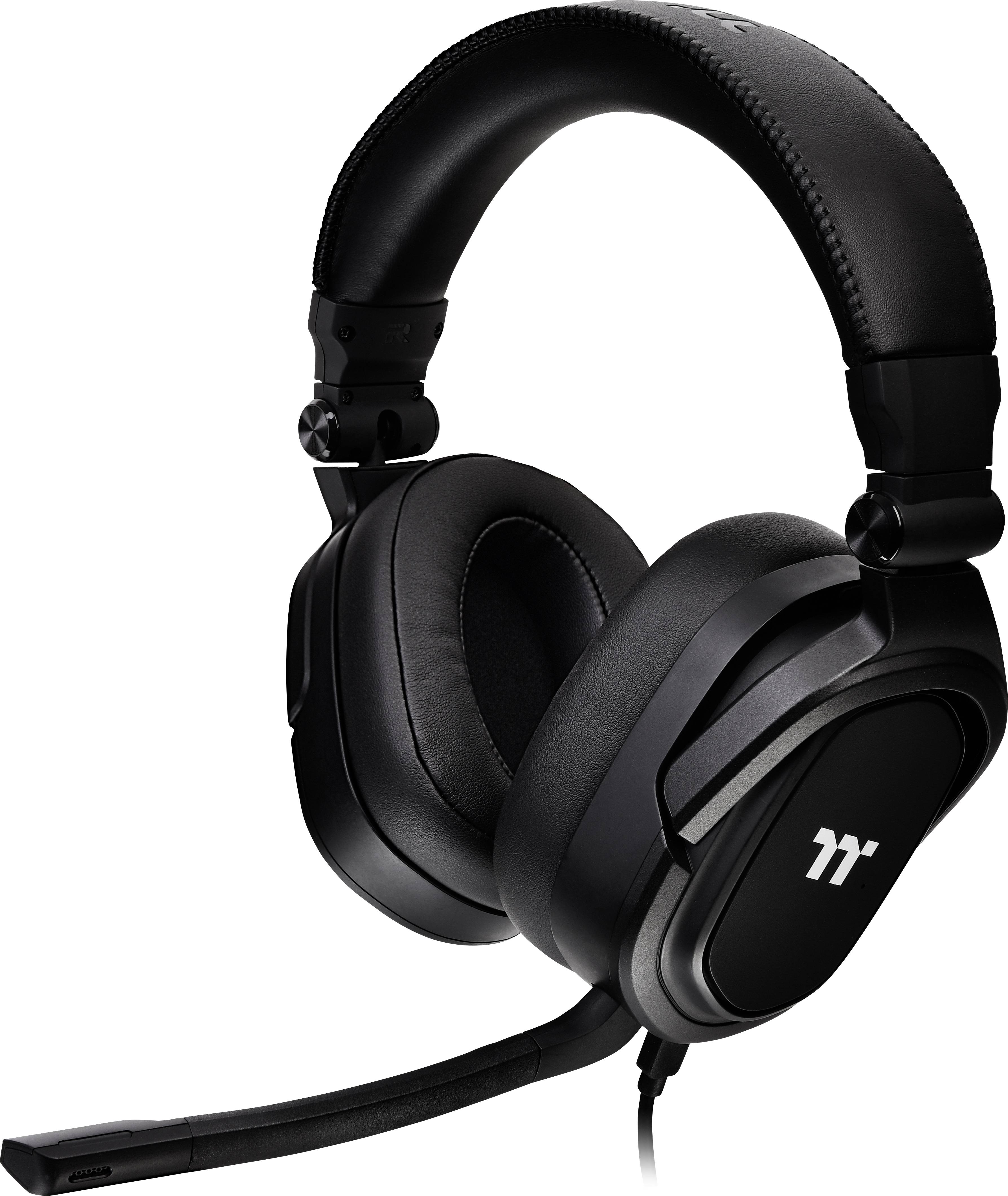 Black gaming headset with microphone, suitable for immersive gaming experiences. Robust construction and padded ear cups for comfort.