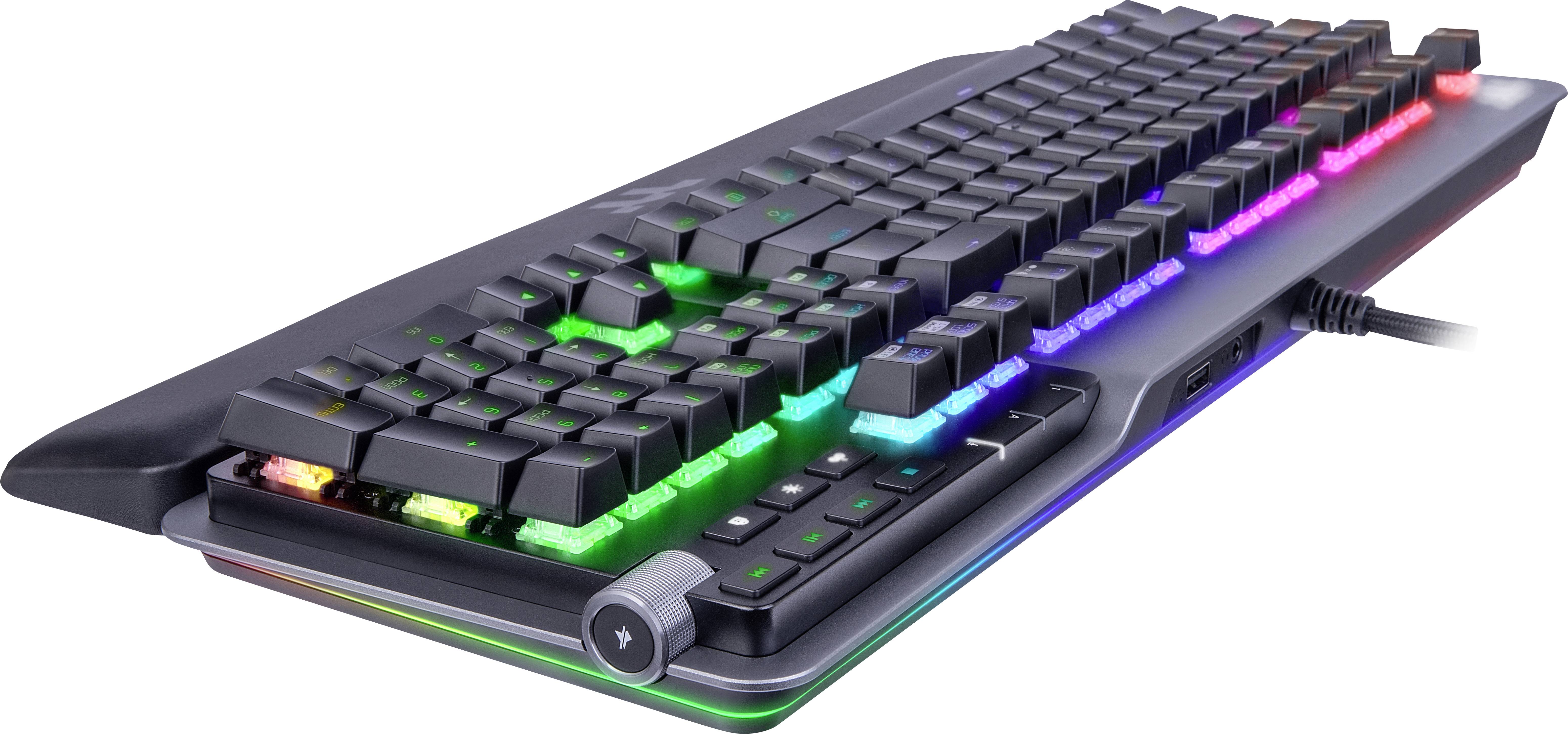 A gaming keyboard with RGB lighting. The keys illuminate in various colours, creating a dynamic and colourful appearance.