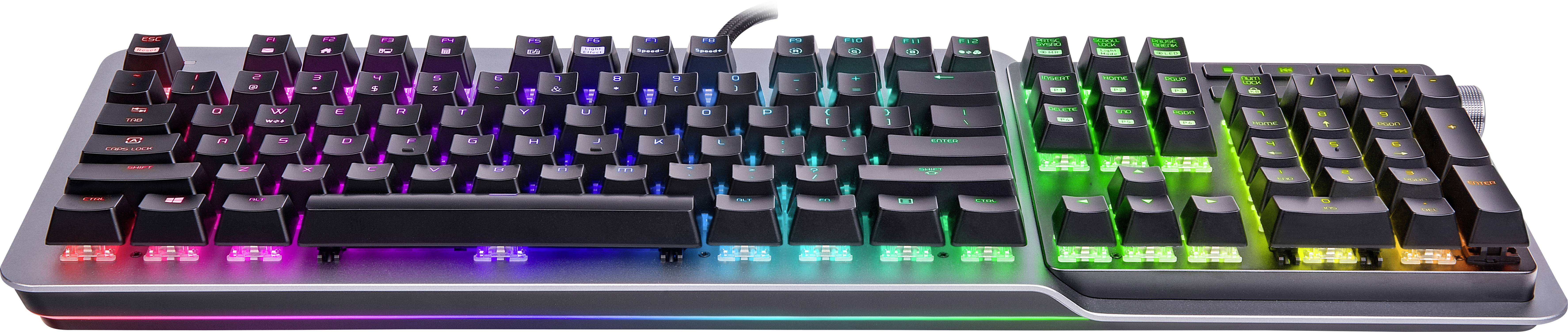Computer keyboard with multi-coloured RGB backlighting. Keys illuminated in various colours of the light chain.