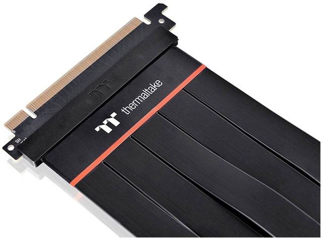 PCIe Riser Cable by Thermaltake, black with a red stripe, enables flexible positioning of graphics cards in PCs.