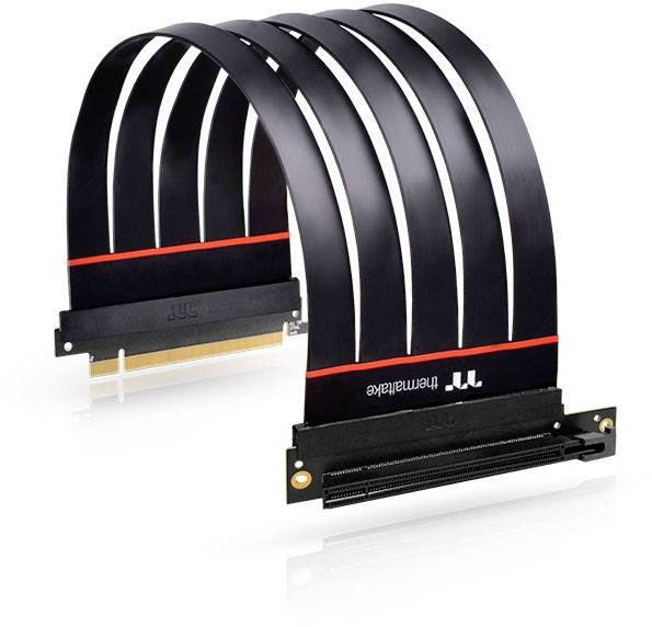Black, flexible PCIe riser cable with red stripes, used for connecting computer components to maximise space within the chassis.