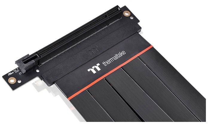 A Thermaltake graphics card riser cable in black with a red accent, enabling vertical mounting of the graphics card.