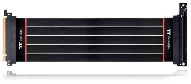 Vertical PCIe riser cable by Thermaltake, black with red accents; enables vertical installation of graphics cards.
