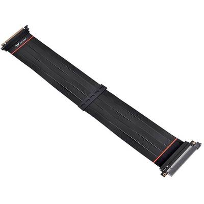 Black, flat PCIe riser cable with white lines and a red stripe, used for extending or repositioning graphics card connections.