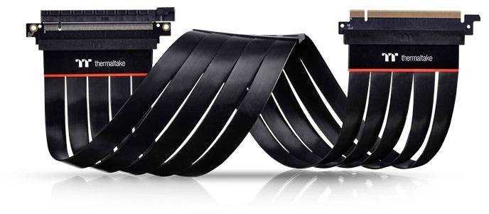 Flexible PCIe riser cable from Thermaltake for connecting PCIe slots, with a black bend to reinforce the connection.