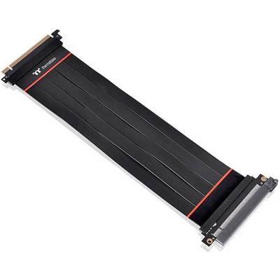 A black PCIe extension cable with red accents by Thermaltake. It is used for flexible connection of hardware components.