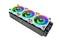 RGB CPU cooler with three illuminated fans that glow in rainbow colours, mounted on a rectangular heatsink.