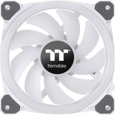 A white Thermaltake computer fan with nine blades, suitable for PC case cooling.